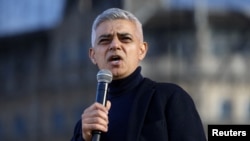 FILE - Mayor of London Sadiq Khan speaks in Trafalgar Square, London, Britain, Oct. 27, 2024.