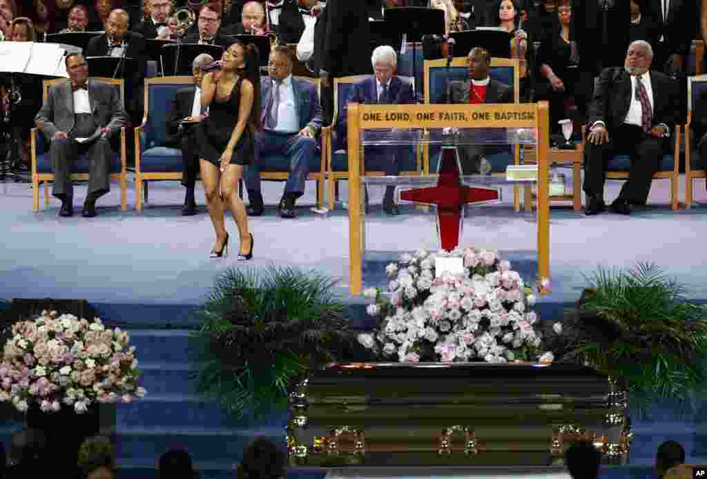 Ariana Grande performs during the funeral service for Aretha Franklin at Greater Grace Temple in Detroit, Aug. 31, 2018. 