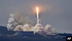 FILE - A SpaceX Falcon 9 rocket carrying the Formosat-5 satellite lifts off from Vandenberg Air Force Base, California, Aug. 24, 2017. Satellites will be an integral part of the new U.S. Space Force.