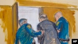 In this courtroom sketch, Harvey Weinstein, center, is led out of Manhattan Supreme Court by court officers after a jury convicted him of rape and sexual assault, in New York, Feb. 24, 2020.