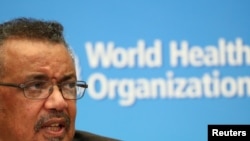 FILE - Director-General of the World Health Organization (WHO) Tedros Adhanom Ghebreyesus speaks during a news conference after a meeting of the Emergency Committee on the coronavirus, in Geneva, Switzerland, Jan. 30, 2020.