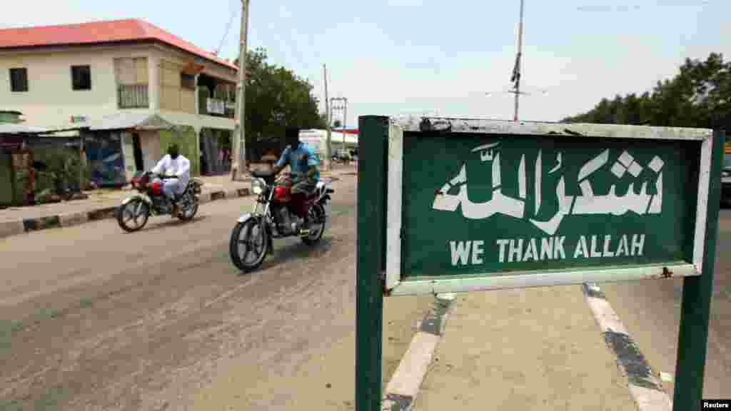 An Islamic signboard is seen along a road in the northeastern state of Borno.