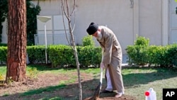 In this photo released by an official website of the office of the Iranian supreme leader, Supreme Leader Ayatollah Ali Khamenei participates in a tree planting ceremony in Tehran, Iran, March 3, 2020. 