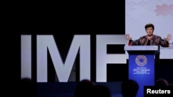 Managing Director of the International Monetary Fund (IMF), Kristalina Georgieva, speaks on the second day of the annual meeting of the IMF and the World Bank, following last month's deadly earthquake, in Marrakech, Morocco, October 10, 2023.