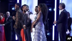 Chadwick Boseman, from left, Michael B. Jordan, Danai Gurira, Angela Bassett and Andy Serkis accepting the award for outstanding performance by a cast in a motion picture for "Black Panther" at the 25th annual Screen Actors Guild Awards, in Los Angeles, Jan. 27, 2019.