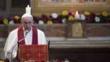 FILE - Pope Francis speaks in the Basilica of St. Bartholomew in Rome, April 22, 2017. 