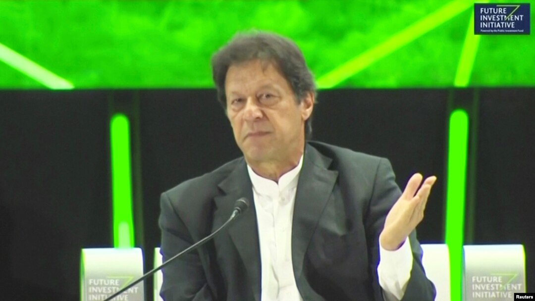 Pakistan's Prime Minister, Imran Khan speaks during a news conference at Saudi investment summit in Riyadh, Saudi Arabia, Oct. 23, 2018 in this still image taken from a video. 