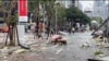 This image taken from video by Taiwan's TVBS shows the debris strewn across the streets in the aftermath of an explosion at the Shin Kong Mitsukoshi department store in Taichung city in Taiwan on Feb. 13, 2025.