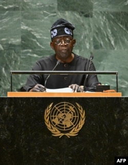 FILE - Nigerian President Bola Ahmed Tinubu addresses the 78th United Nations General Assembly at UN headquarters in New York City on September 19, 2023.\