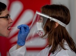 29일 독일 프랑크푸르트의 공항에서 바이오 기업 '센토진(Centogene)' 직원이 동료를 상대로 신종 코로나바이러스 감염증 진단 테스트를 실시하고 있다.