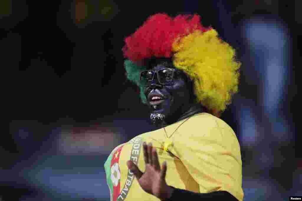 A fan is seen inside the stadium before the match Gabon vs Morocco; Cameroon, Jan. 18, 2022.