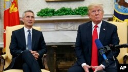 President Donald Trump meets with NATO Secretary General Jens Stoltenberg in the Oval Office of the White House, May 17, 2018, in Washington. 
