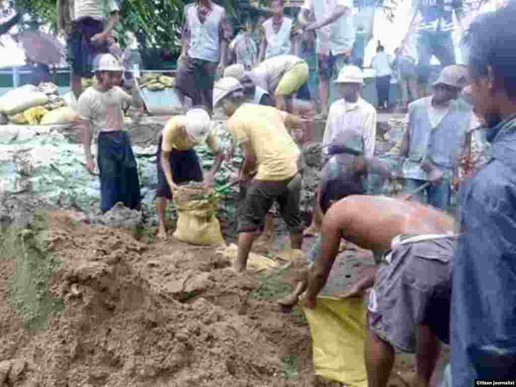 မုံရွာမြို့မှာ ရေတားတမံတွေကို ကိုယ်ထူကိုယ်ထ တက်ညီလက်ညီ ပါဝင်လုပ်အားပေးနေတဲ့ မုံရွာမြို့သူမြို့သားများ။ (သြဂုတ်လ ၂၊ ၂၀၁၅/ ဓာတ်ပုံ မုံရွာသား)