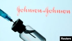 FILE - A vial and sryinge are seen in front of a displayed Johnson&Johnson logo in this illustration taken Jan. 11, 2021.