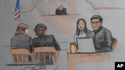 FILE - In this courtroom sketch, Dun Meng, far right, testifies with a translator at his side during the federal death penalty trial of Boston Marathon bombing suspect Dzhokhar Tsarnaev in Boston, March 12, 2015. 