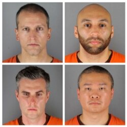 FILE - This combination of photos provided by the Hennepin County Sheriff's Office in Minnesota, June 3, 2020, shows, top row from left, Derek Chauvin, and J. Alexander Kueng, bottom row from left, Thomas Lane and Tou Thao.