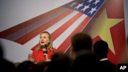 U.S. Secretary of State Hillary Clinton speaks during the American Chamber of Commerce reception at the Hilton Opera Hotel in Hanoi, Vietnam, July 10, 2012.