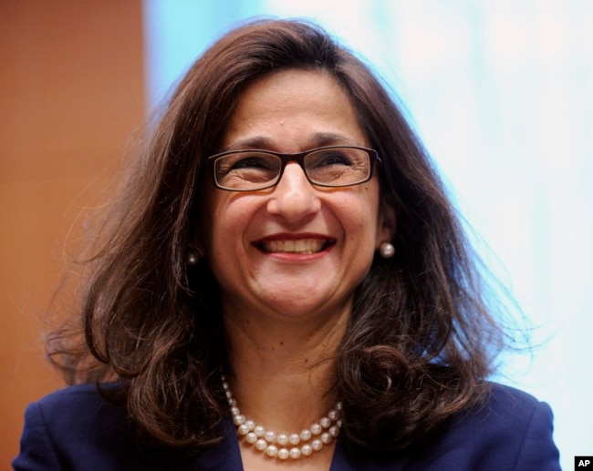 FILE - Nemat Shafik recently became the new president of Columbia University in New York City. This photo is from 2011 during her time at the International Monetary Fund. (AP Photo/Geert Vanden Wijngaert. File)