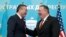 U.S. Secretary of State Mike Pompeo, right, reacts after holding a joint news conference with Kazakh Foreign Minister Mukhtar Tleuberdi at the Ministry of Foreign Affairs in Nur-Sultan, Kazakhstan, Feb. 2, 2020.