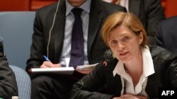 Duta Besar AS untuk PBB Samantha Power dalam sidang Dewan Keamanan PBB di New York mengenai Ukraina (19/3). (AFP/Stan Honda)