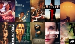 This combination of images shows promotional art for the 10 films nominated for the Oscar for best picture.