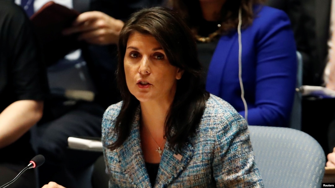 Duta Besar AS untuk PBB, Nikki Haley berbicara pada pertemuan DK PBB di New York, Senin (12/3). 
