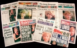 FILE - This Nov. 21, 1995, photo shows a selection of front pages of most of Britain's national newspapers with their reaction to Princess Diana's television interview with BBC journalist Martin Bashir.
