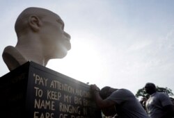 Terrence Floyd, brother of the late George Floyd who was killed by a police officer, reacts during the unveiling event of Floyd's statue, as part of Juneteenth celebrations, in Brooklyn, New York, June 19, 2021.
