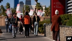 Members of the Culinary Workers Union picket in front of the Virgin Hotels Las Vegas, in Las Vegas, Nevada, Nov. 15, 2024.