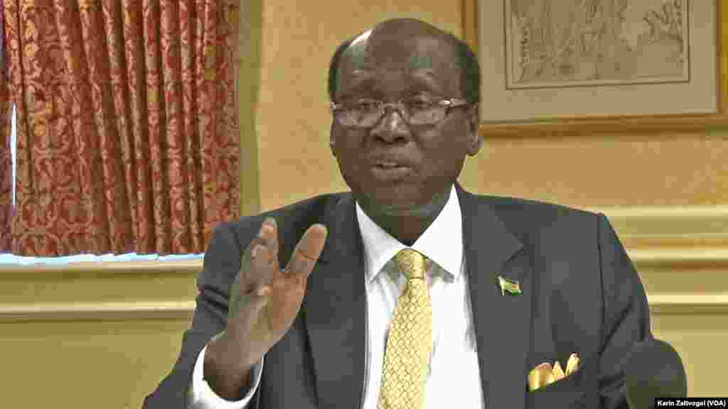 South Sudan Foreign Minister Barnaba Marial Benjamin makes a point to reporters at a news conference in Washington, D.C. on Dec. 4, 2014. 