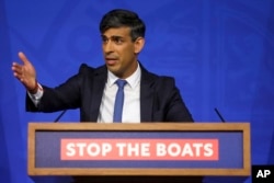 FILE— British Prime Minister Rishi Sunak speaks during a press conference at Downing Street in London, April 22, 2024.