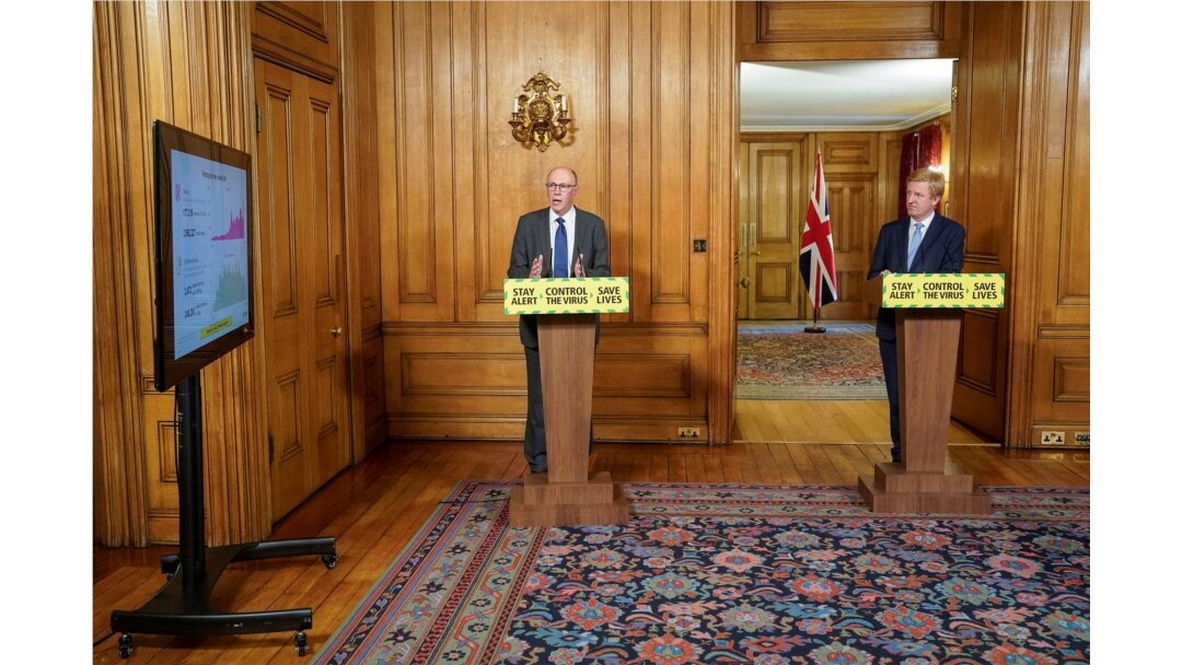Medical Director of NHS England, Professor Stephen Powis, speaks as Britain's Culture Secretary Oliver Dowden chairs the daily coronavirus disease news conference at 10 Downing Street in London, Britain, May 20, 2020.