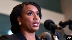 Rep.-elect Ayanna Pressley, Democrat-Massachusetts, listens during a news conference with members of the Progressive Caucus in Washington, Nov. 12, 2018.