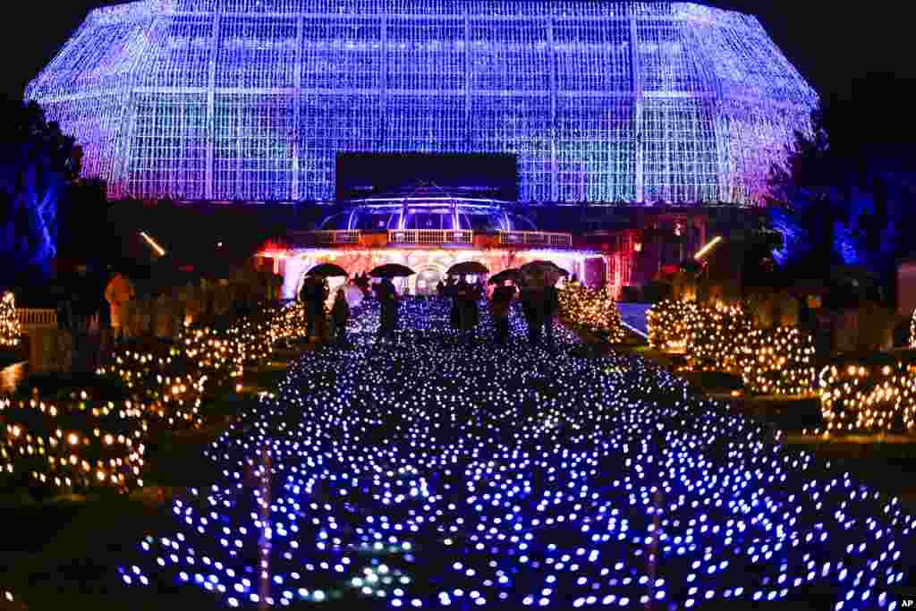 People walk through a Christmas light trail during a lighting test of the Christmas Garden in the Botanical Garden in Berlin, Germany. (AP Photo/Markus Schreiber)