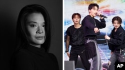 Komposer Indonesia di Amerika, Laurentia Editha (kiri), tiga anggota kelompok k-pop SEVENTEEN saat tampil di Festival Glastonbury (kanan) (dok: Lauren/AP)