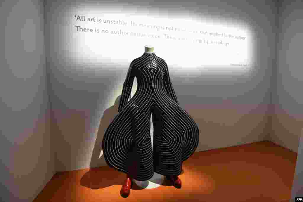 This picture shows a costume created by Japanese fashion designer Kansai Yamamoto and used by David Bowie during a press preview of an exhibition dedicated to the British singer at the Philarmonie in Paris.