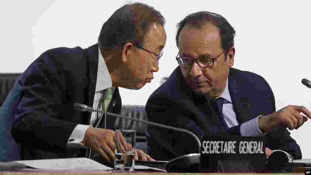 ጸሓፊ ሕ/ሃ ባንኪ ሙን ምስ ፕረዝደንት ፈረንሳ ፍራንስዋ ኦላንድ አብ ዋዕላ ለውጢ ክሊማ ፓሪስ