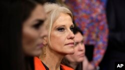 Counselor to President Donald Trump, Kellyanne Conway, listens during the daily White House briefing, Jan. 23, 2017, in the briefing room of the White House in Washington.