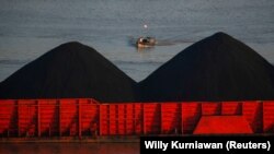 Seorang pria berdiri di atas kapal saat tongkang batu bara mengantre untuk ditarik di sepanjang Sungai Mahakam di Samarinda, Kalimantan Timur, 31 Agustus 2019. (Foto: REUTERS/Willy Kurniawan)