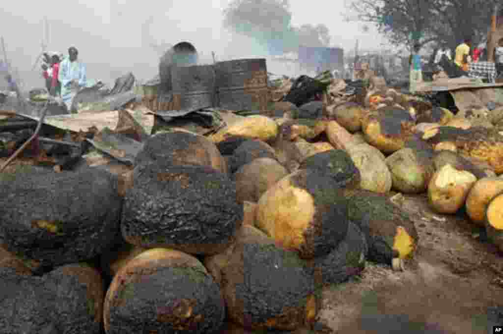 Farm produce are seen with burnt patches after a blast at Gomboru local market on Monday, in Nigeria's northern city Maiduguri February 7, 2012.