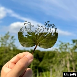 This undated photo provided by Japanese leaf-cutting artist Lito shows his work titled "Choju Giga/Scrolls of Frolicking Animals."