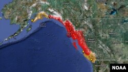 La zona coloreada de la imagen muestra la zona de Alaska y Canadá potencialmente afectada por el temblor.