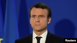 Le président français Emmannuel Macron donne son discours de victoire à Paris, France, le 7 mai 2017.