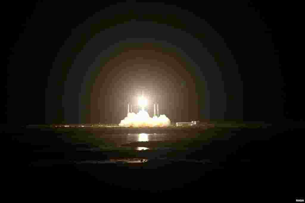 La fus&eacute;e Falcon 9 d&eacute;collant de Cap Carnaveral, en Floride, le 7 octobre 2012, en vue de placer en orbite la capsule Dragon&nbsp; (NASA/Gianni Woods)