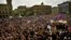 Thousands of people crowd at Plaza del Castillo during a protest in Pamplona, northern Spain, April 28, 2018. A court in Pamplona sentenced five men to nine years each in prison for sexual abuse in what activists saw as a gang rape during the 2016 running of the bulls festival in Pamplona.