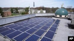 Solar panels cover the roof of Masjid Al-Wali, a mosque in Edison, New Jersey, April 11, 2023.