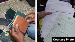 Some of the 150 seized passports collected during the raids are shown at left. At right are some of the banking, education and other identification documents seized during the raids. (Photos courtesy of U.S. Department of State)