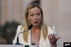 FILE - Italian Prime Minister Giorgia Meloni speaks during a joint press conference at the end of the EU-MED9 summit in Malta on September 29, 2023.