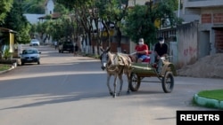 A couple rides on a horse carriage, in Alpercata, Minas Gerais state, Brazil, November 4, 2021. Picture taken November 4, 2021. (REUTERS/Washington Alves)