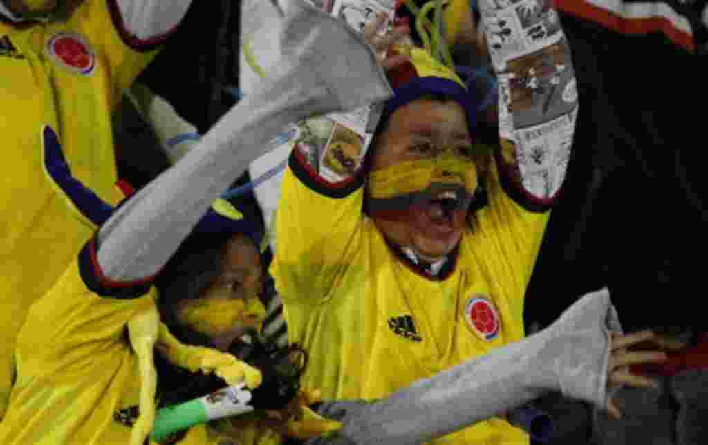 Colombia's supporters cheer his team during a U-20 World Cup group A soccer match against Mali in Bogota, Colombia, Tuesday, Aug. 2, 2011. (AP Photo/Dolores Ochoa)